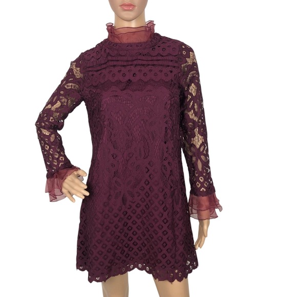 Lulus Ruffle Lace Overlay Shift Mini Dress Size S Burgundy Red Formal Romantic - Picture 2 of 8